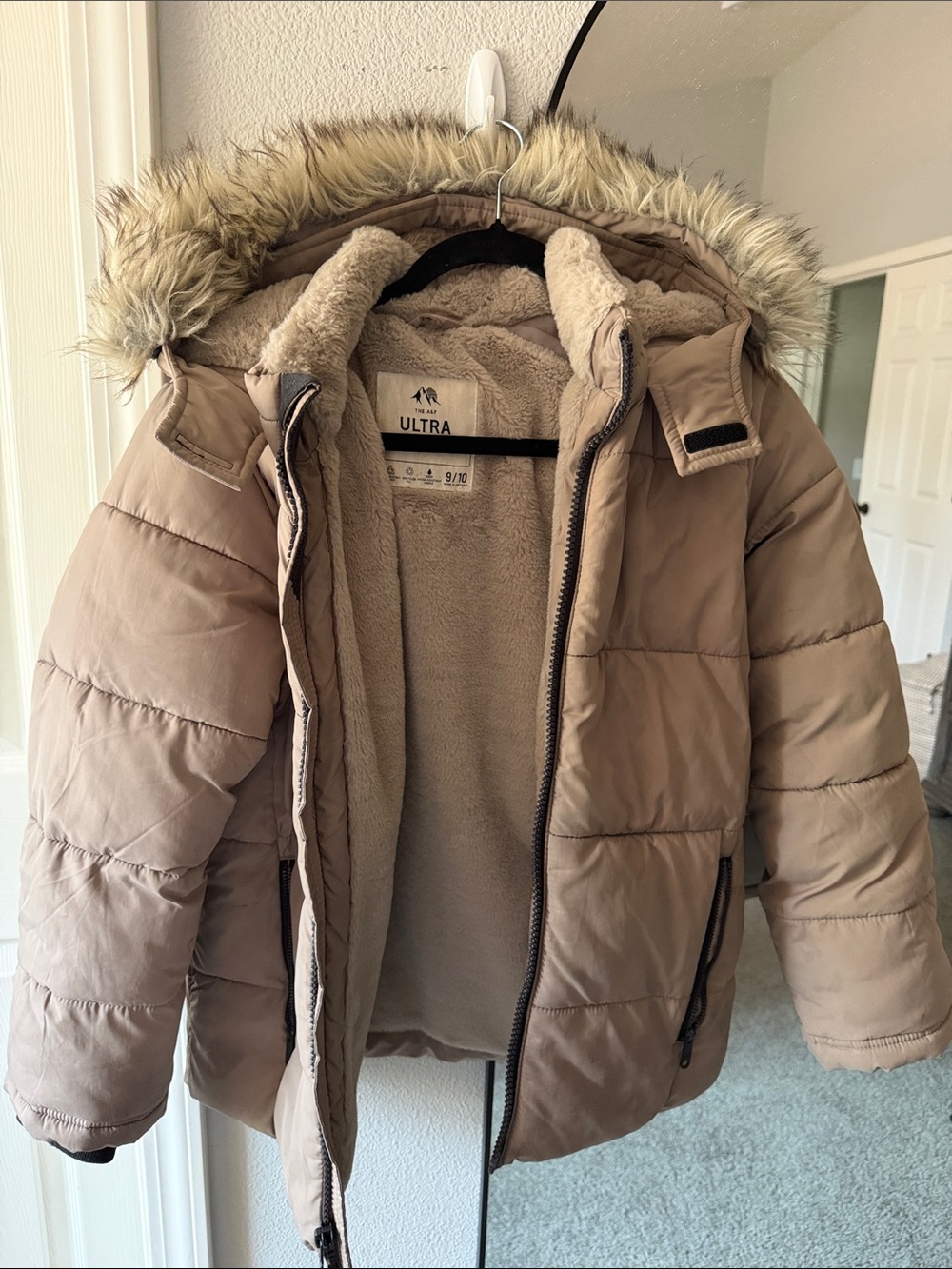 Kids Tan Puffer Jacket with Faux Fur Hood
